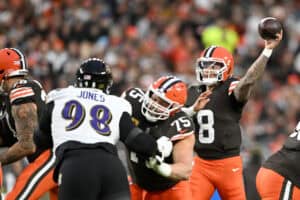 CLEVELAND, OHIO - NOVEMBER 16: Dillon Gabriel #8 of the Cleveland Browns passes the ball against the Baltimore Ravens during the first quarter at Huntington Bank Field on November 16, 2025 in Cleveland, Ohio.