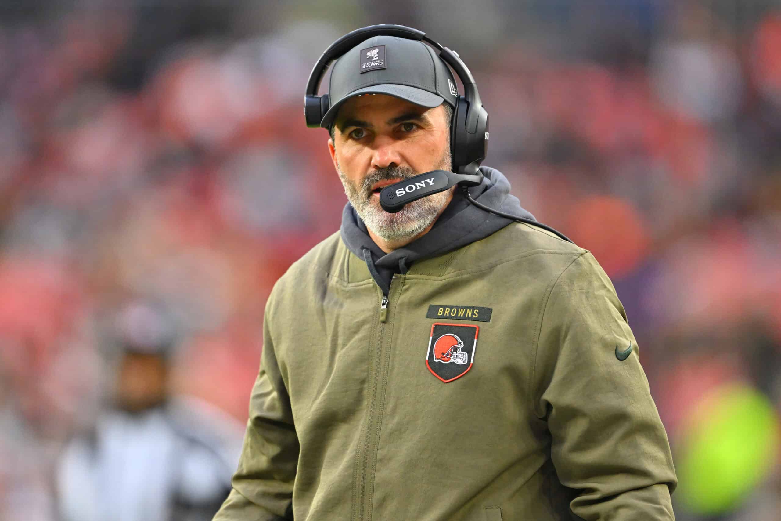 CLEVELAND, OHIO - NOVEMBER 16: Head coach Kevin Stefanski of the Cleveland Browns looks on during the first quarter against the Baltimore Ravens at Huntington Bank Field on November 16, 2025 in Cleveland, Ohio.