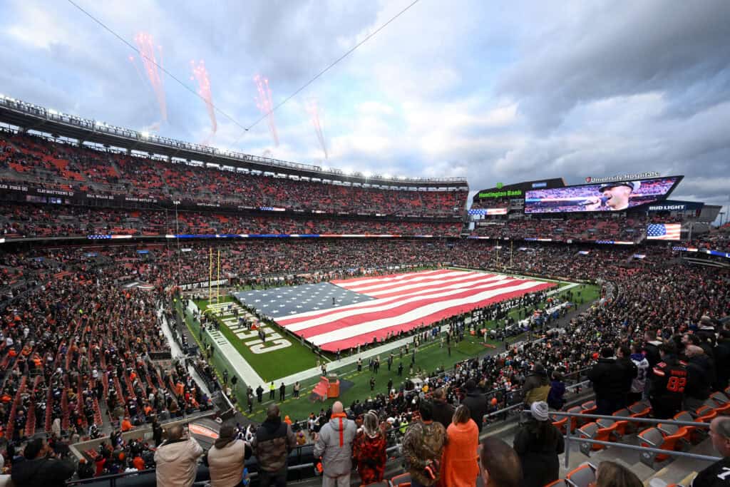 CLEVELAND, OHIO - NOVEMBER 16: A general view of Huntington Bank Field during the national anthem before the game between the Cleveland Browns and the Baltimore Ravens on November 16, 2025 in Cleveland, Ohio.