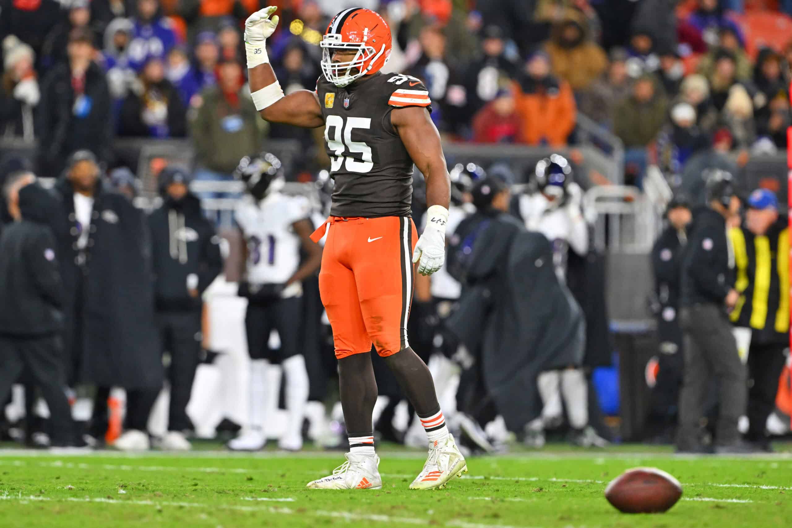 CLEVELAND, OHIO - NOVEMBER 16: Myles Garrett #95 of the Cleveland Browns gestures to the crowd during the second quarter against the Baltimore Ravens at Huntington Bank Field on November 16, 2025 in Cleveland, Ohio.