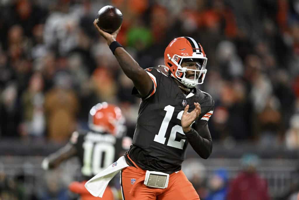 CLEVELAND, OHIO - NOVEMBER 16: Shedeur Sanders #12 of the Cleveland Browns passes the ball against the Baltimore Ravens during the third quarter at Huntington Bank Field on November 16, 2025 in Cleveland, Ohio.