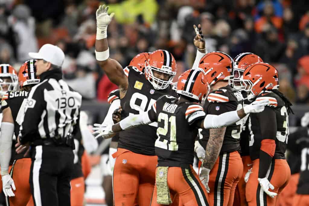 CLEVELAND, OHIO - NOVEMBER 16: Myles Garrett #95 of the Cleveland Browns celebrates after a sack against the Baltimore Ravens during the third quarter at Huntington Bank Field on November 16, 2025 in Cleveland, Ohio