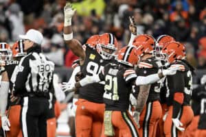 CLEVELAND, OHIO - NOVEMBER 16: Myles Garrett #95 of the Cleveland Browns celebrates after a sack against the Baltimore Ravens during the third quarter at Huntington Bank Field on November 16, 2025 in Cleveland, Ohio