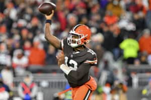 CLEVELAND, OHIO - NOVEMBER 16: Shedeur Sanders #12 of the Cleveland Browns passes the ball against the Baltimore Ravens during the third quarter at Huntington Bank Field on November 16, 2025 in Cleveland, Ohio.