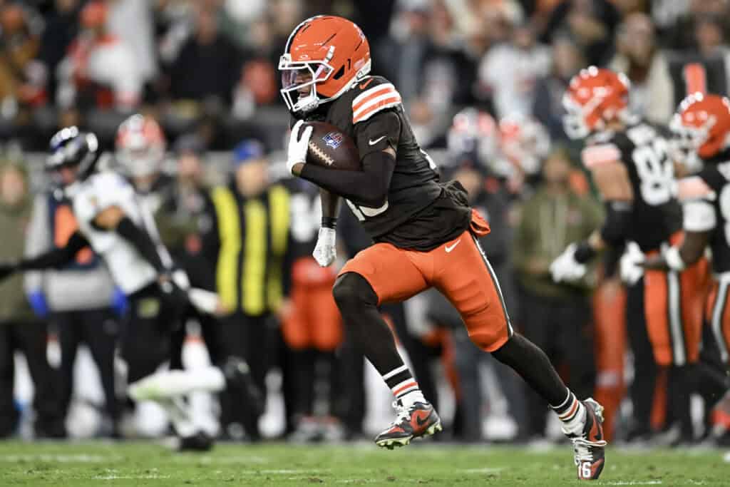 CLEVELAND, OHIO - NOVEMBER 16: Isaiah Bond #16 of the Cleveland Browns carries the ball against the Baltimore Ravens during the fourth quarter at Huntington Bank Field on November 16, 2025 in Cleveland, Ohio.