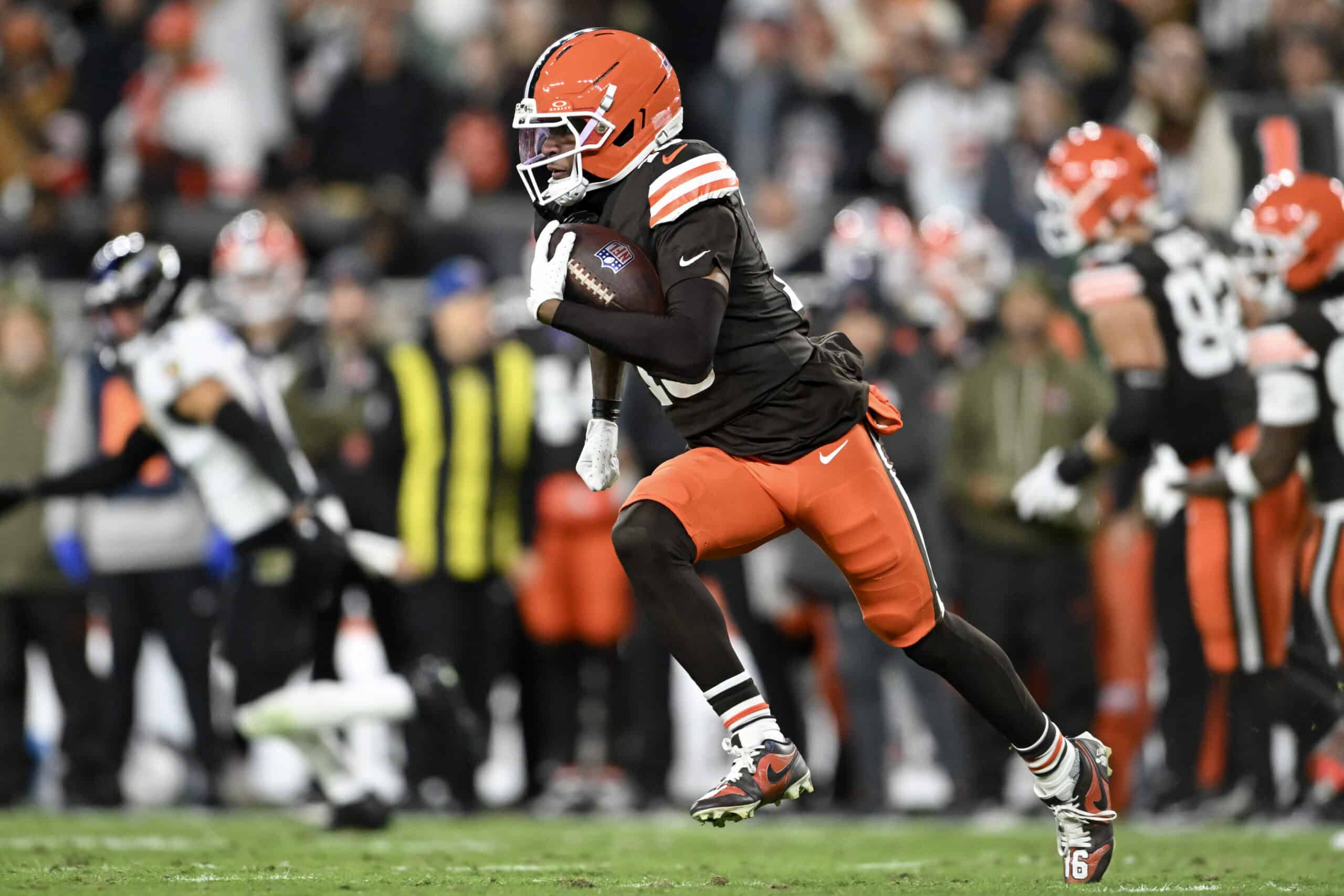 CLEVELAND, OHIO - NOVEMBER 16: Isaiah Bond #16 of the Cleveland Browns carries the ball against the Baltimore Ravens during the fourth quarter at Huntington Bank Field on November 16, 2025 in Cleveland, Ohio.