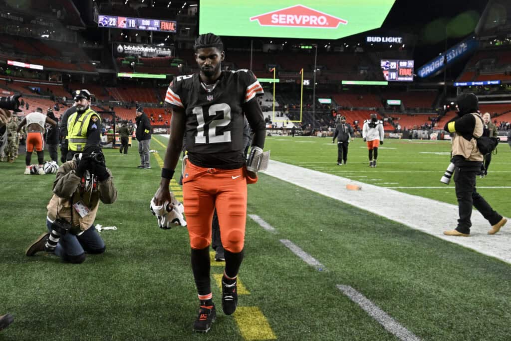 CLEVELAND, OHIO - NOVEMBER 16: Shedeur Sanders #12 of the Cleveland Browns walks off the field after losing to the Baltimore Ravens 23-16 at Huntington Bank Field on November 16, 2025 in Cleveland, Ohio.