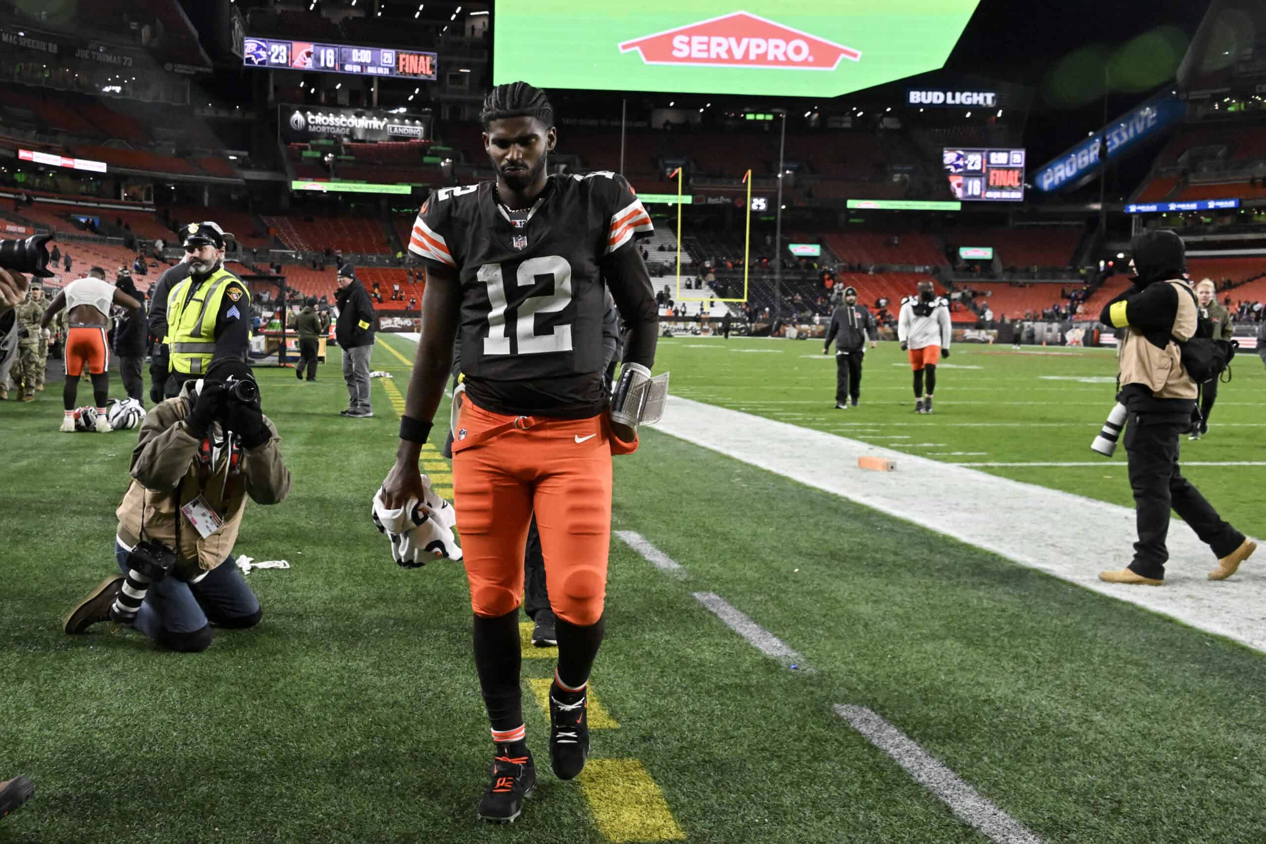 CLEVELAND, OHIO - NOVEMBER 16: Shedeur Sanders #12 of the Cleveland Browns walks off the field after losing to the Baltimore Ravens 23-16 at Huntington Bank Field on November 16, 2025 in Cleveland, Ohio.