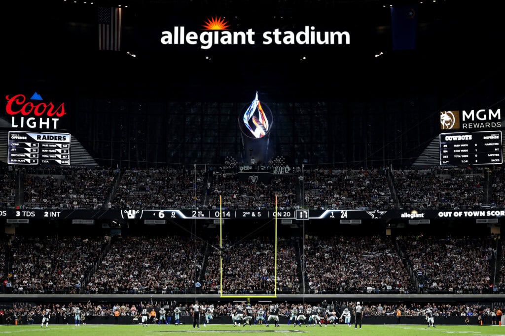 LAS VEGAS, NEVADA - NOVEMBER 17: A general view of play during the second quarter between the Las Vegas Raiders and the Dallas Cowboys at Allegiant Stadium on November 17, 2025 in Las Vegas, Nevada.