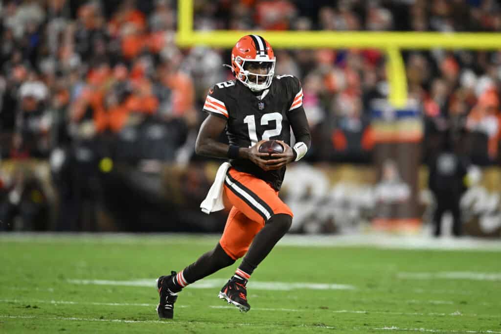 CLEVELAND, OHIO - NOVEMBER 16: Shedeur Sanders #12 of the Cleveland Browns runs with the ball agains the Baltimore Ravens at Huntington Bank Field on November 16, 2025 in Cleveland, Ohio.