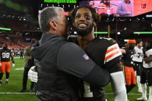CLEVELAND, OHIO - NOVEMBER 16: Denzel Ward #21 of the Cleveland Browns interacts on the field following the game against the Baltimore Ravens at Huntington Bank Field on November 16, 2025 in Cleveland, Ohio.