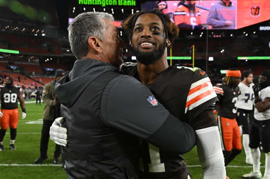 CLEVELAND, OHIO - NOVEMBER 16: Denzel Ward #21 of the Cleveland Browns interacts on the field following the game against the Baltimore Ravens at Huntington Bank Field on November 16, 2025 in Cleveland, Ohio.