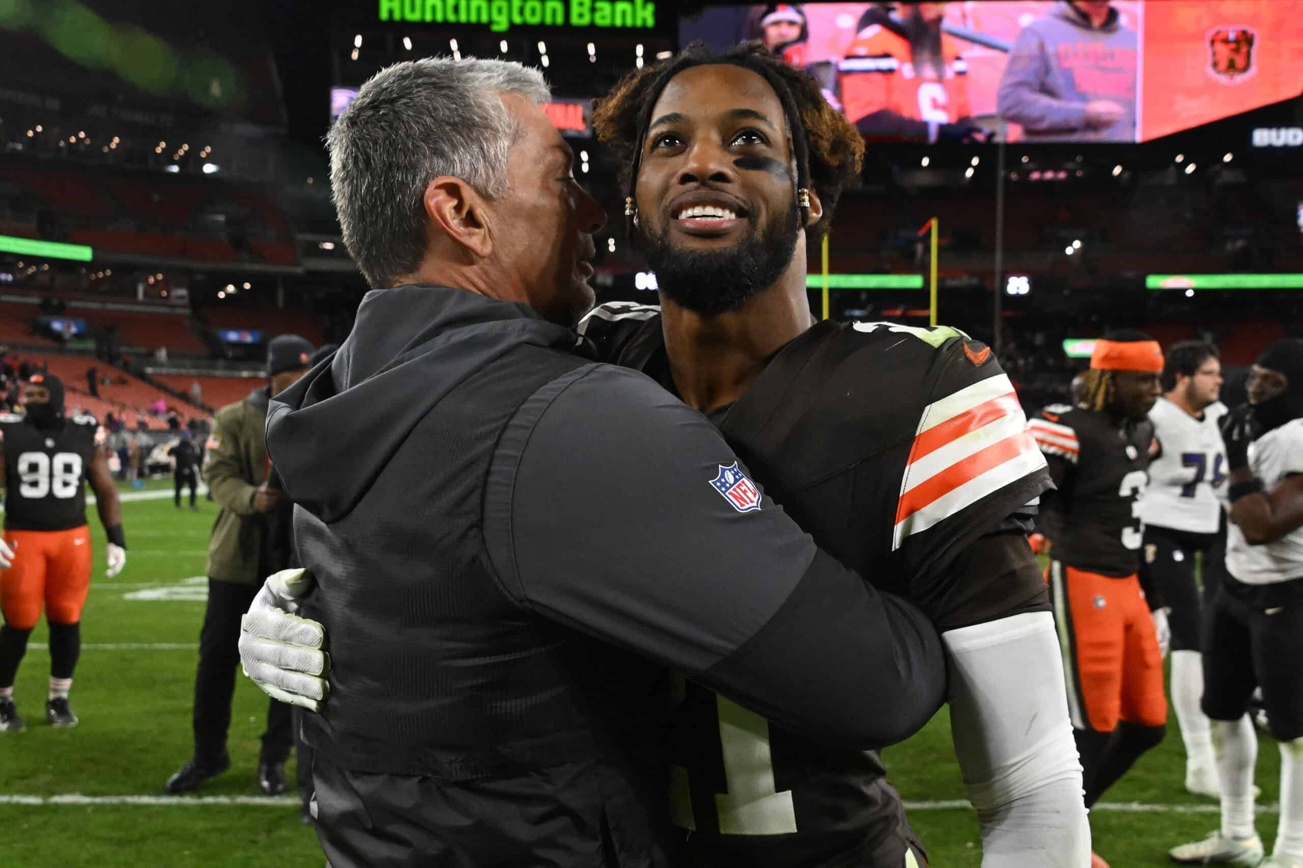 CLEVELAND, OHIO - NOVEMBER 16: Denzel Ward #21 of the Cleveland Browns interacts on the field following the game against the Baltimore Ravens at Huntington Bank Field on November 16, 2025 in Cleveland, Ohio.