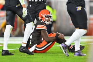 CLEVELAND, OHIO - NOVEMBER 16: Shedeur Sanders #12 of the Cleveland Browns looks on during the game against the Baltimore Ravens at Huntington Bank Field on November 16, 2025 in Cleveland, Ohio.