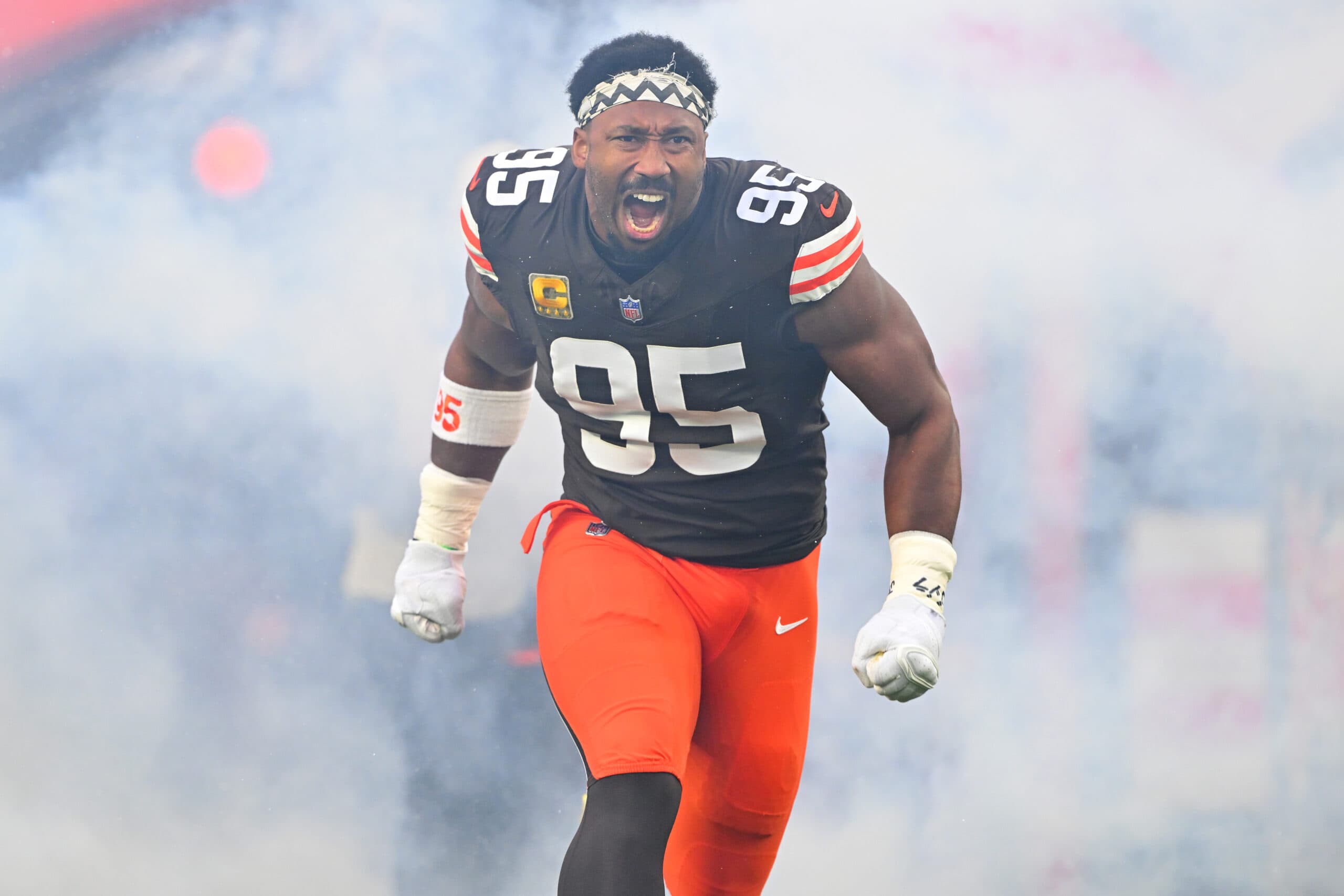 CLEVELAND, OHIO - NOVEMBER 16: Myles Garrett #95 of the Cleveland Browns runs onto the field prior to the game against the Baltimore Ravens at Huntington Bank Field on November 16, 2025 in Cleveland, Ohio.