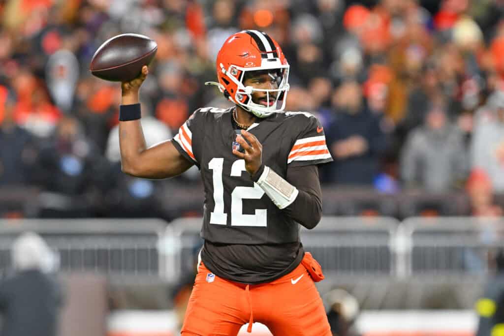 CLEVELAND, OHIO - NOVEMBER 16: Shedeur Sanders #12 of the Cleveland Browns looks to pass during the game against the Baltimore Ravens at Huntington Bank Field on November 16, 2025 in Cleveland, Ohio.