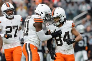 LAS VEGAS, NEVADA - NOVEMBER 23: Gage Larvadain #84 of the Cleveland Browns reacts to a kickoff return in the first quarter against the Las Vegas Raiders at Allegiant Stadium on November 23, 2025 in Las Vegas, Nevada.