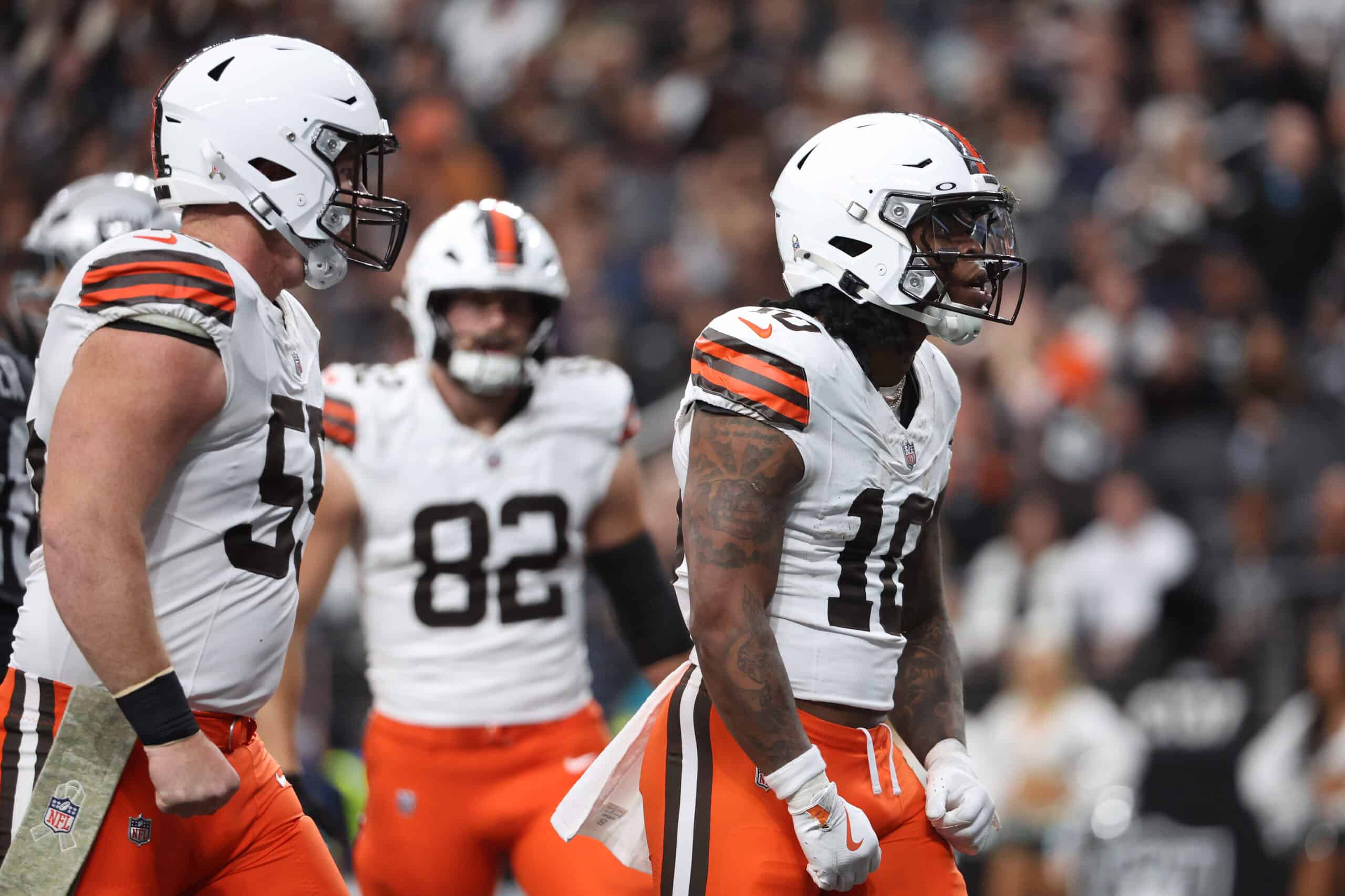 LAS VEGAS, NEVADA - NOVEMBER 23: Quinshon Judkins #10 of the Cleveland Browns celebrates after a touchdown in the first quarter against the Las Vegas Raiders at Allegiant Stadium on November 23, 2025 in Las Vegas, Nevada.