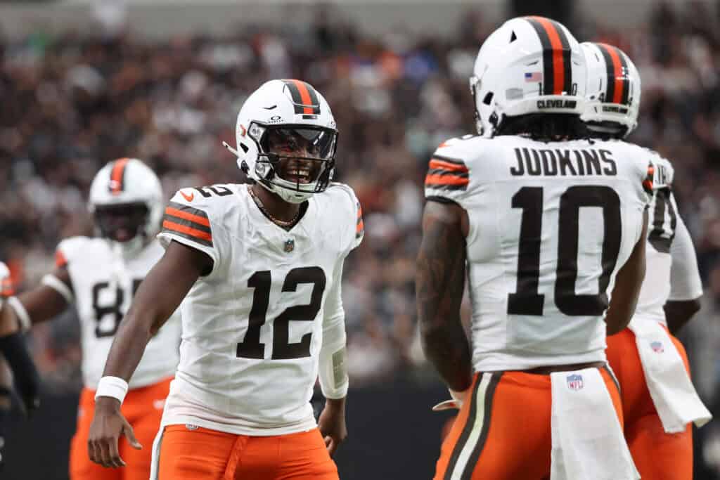 LAS VEGAS, NEVADA - NOVEMBER 23: Shedeur Sanders #12 and Quinshon Judkins #10 of the Cleveland Browns celebrate after a touchdown in the first quarter against the Las Vegas Raiders at Allegiant Stadium on November 23, 2025 in Las Vegas, Nevada.