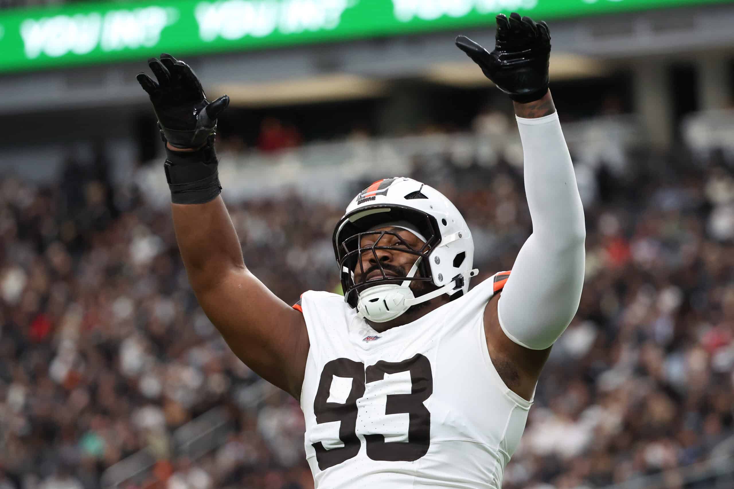 LAS VEGAS, NEVADA - NOVEMBER 23: Shelby Harris #93 of the Cleveland Browns celebrates after a sac in the first quarter against the Las Vegas Raiders at Allegiant Stadium on November 23, 2025 in Las Vegas, Nevada.