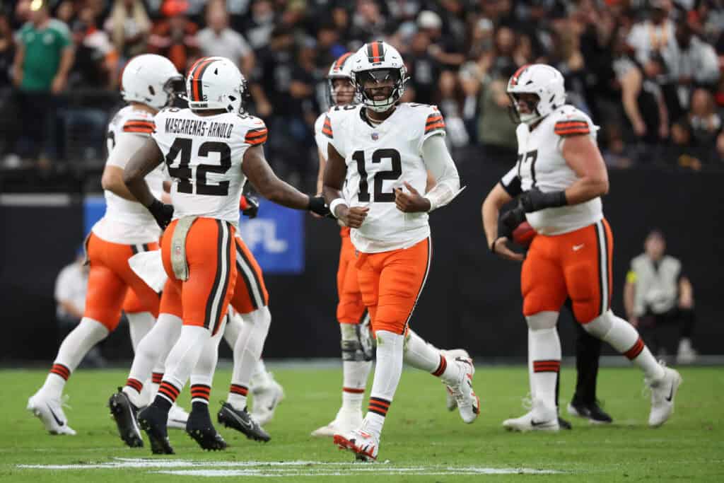 LAS VEGAS, NEVADA - NOVEMBER 23: Shedeur Sanders #12 of the Cleveland Browns walks on the field in the first quarter against the Las Vegas Raiders at Allegiant Stadium on November 23, 2025 in Las Vegas, Nevada.