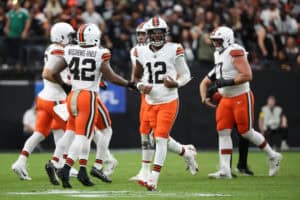 LAS VEGAS, NEVADA - NOVEMBER 23: Shedeur Sanders #12 of the Cleveland Browns walks on the field in the first quarter against the Las Vegas Raiders at Allegiant Stadium on November 23, 2025 in Las Vegas, Nevada.