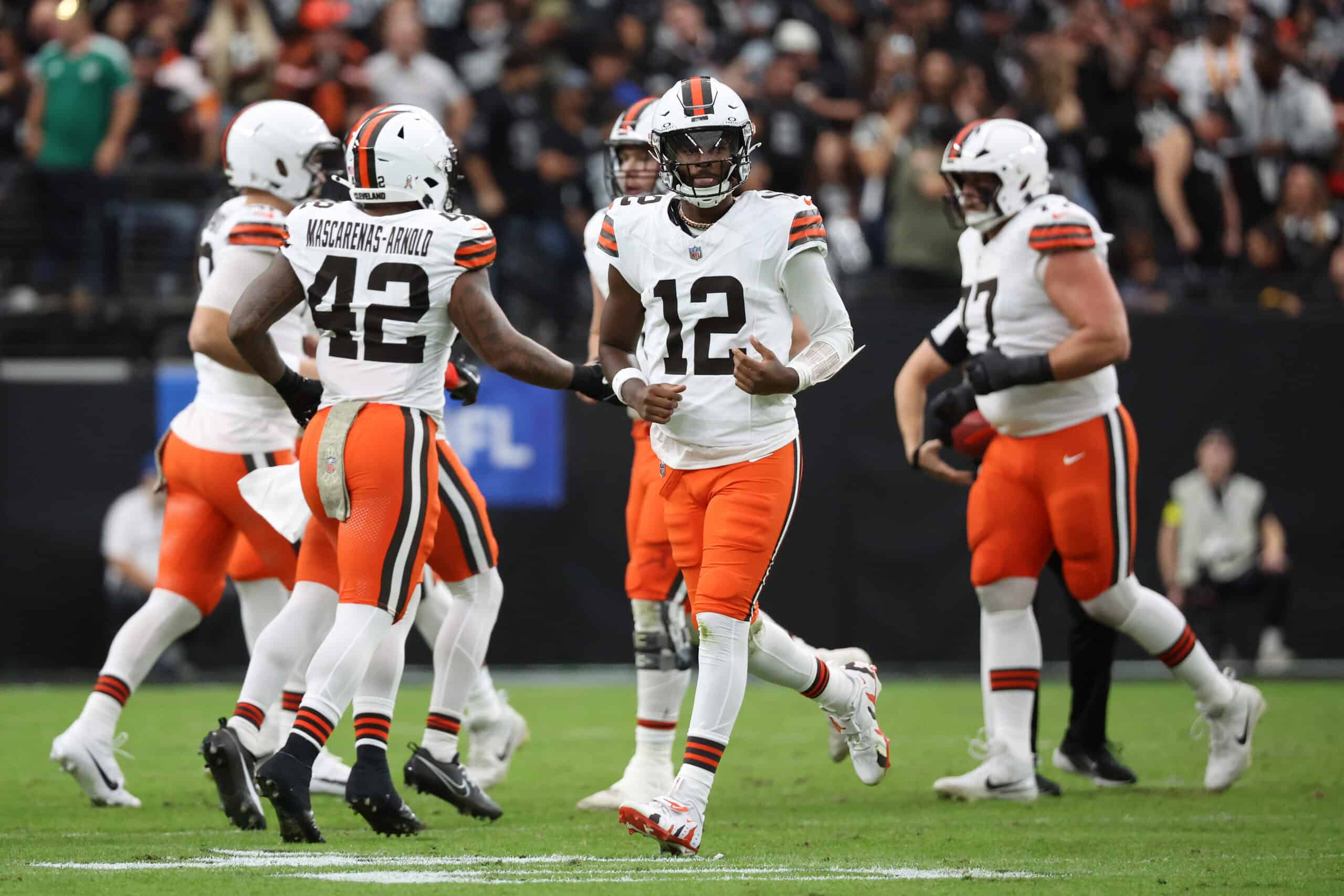 LAS VEGAS, NEVADA - NOVEMBER 23: Shedeur Sanders #12 of the Cleveland Browns walks on the field in the first quarter against the Las Vegas Raiders at Allegiant Stadium on November 23, 2025 in Las Vegas, Nevada.