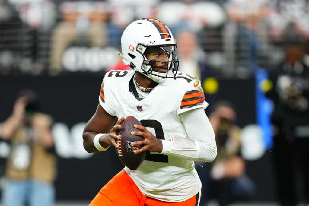 LAS VEGAS, NEVADA - NOVEMBER 23: Shedeur Sanders #12 of the Cleveland Browns looks to pass the ball in the second quarter against the Las Vegas Raiders at Allegiant Stadium on November 23, 2025 in Las Vegas, Nevada.