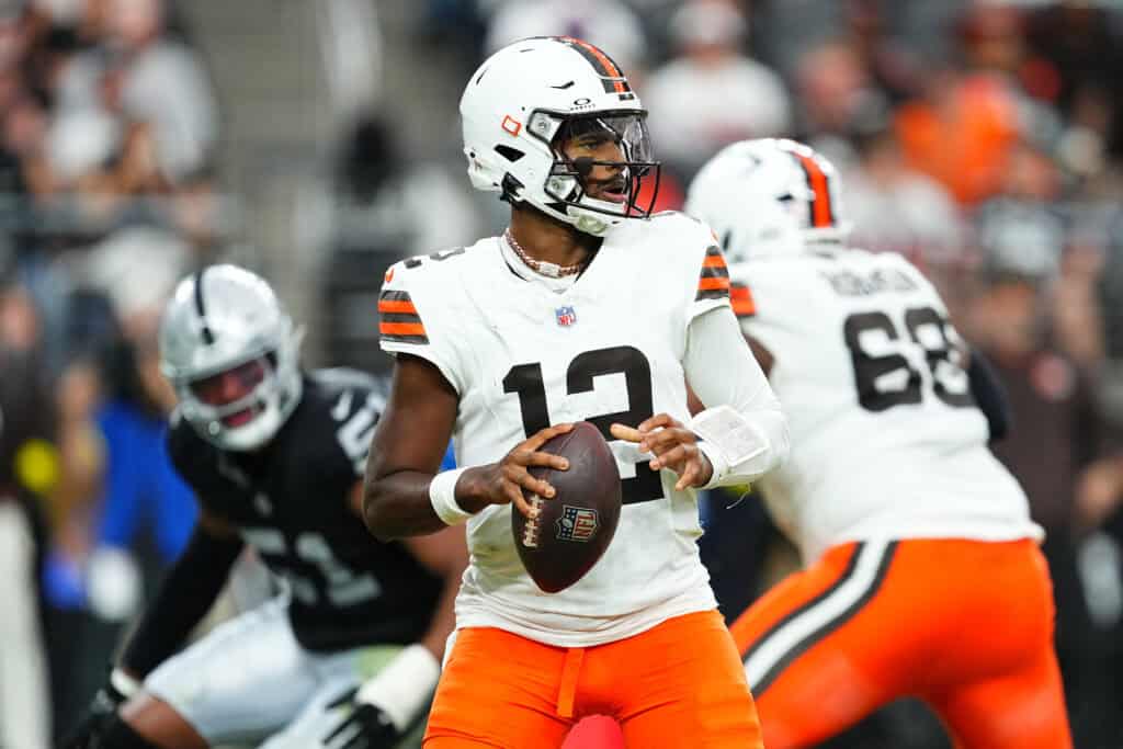 LAS VEGAS, NEVADA - NOVEMBER 23: Shedeur Sanders #12 of the Cleveland Browns looks to pass the ball in the second quarter against the Las Vegas Raiders at Allegiant Stadium on November 23, 2025 in Las Vegas, Nevada.