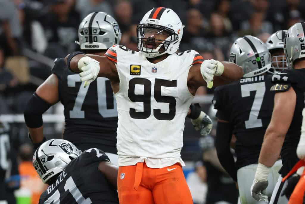 LAS VEGAS, NEVADA - NOVEMBER 23: Myles Garrett #95 of the Cleveland Browns celebrates after a sack on fourth down in the third quarter against the Las Vegas Raiders at Allegiant Stadium on November 23, 2025 in Las Vegas, Nevada.