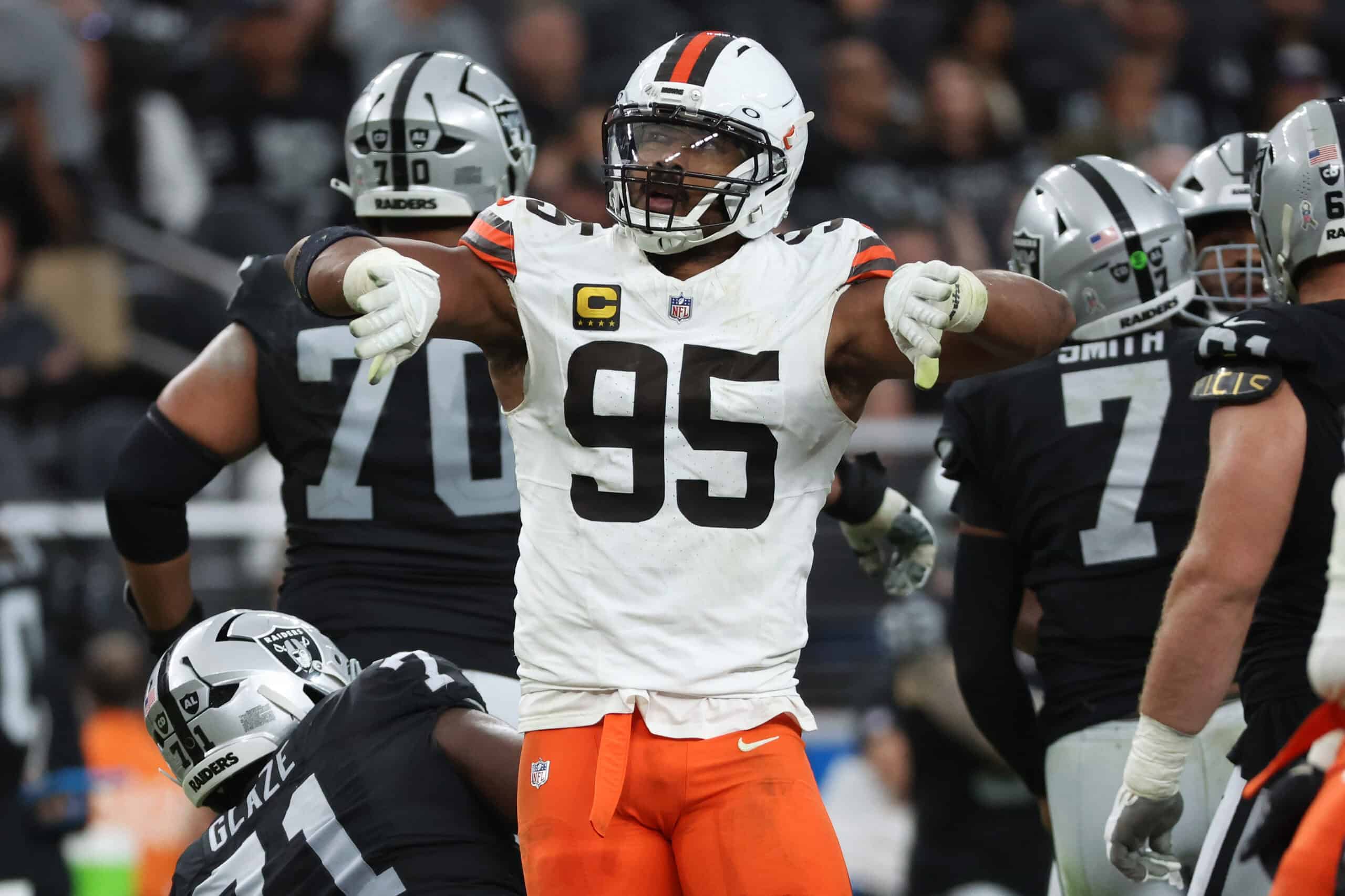 LAS VEGAS, NEVADA - NOVEMBER 23: Myles Garrett #95 of the Cleveland Browns celebrates after a sack on fourth down in the third quarter against the Las Vegas Raiders at Allegiant Stadium on November 23, 2025 in Las Vegas, Nevada.