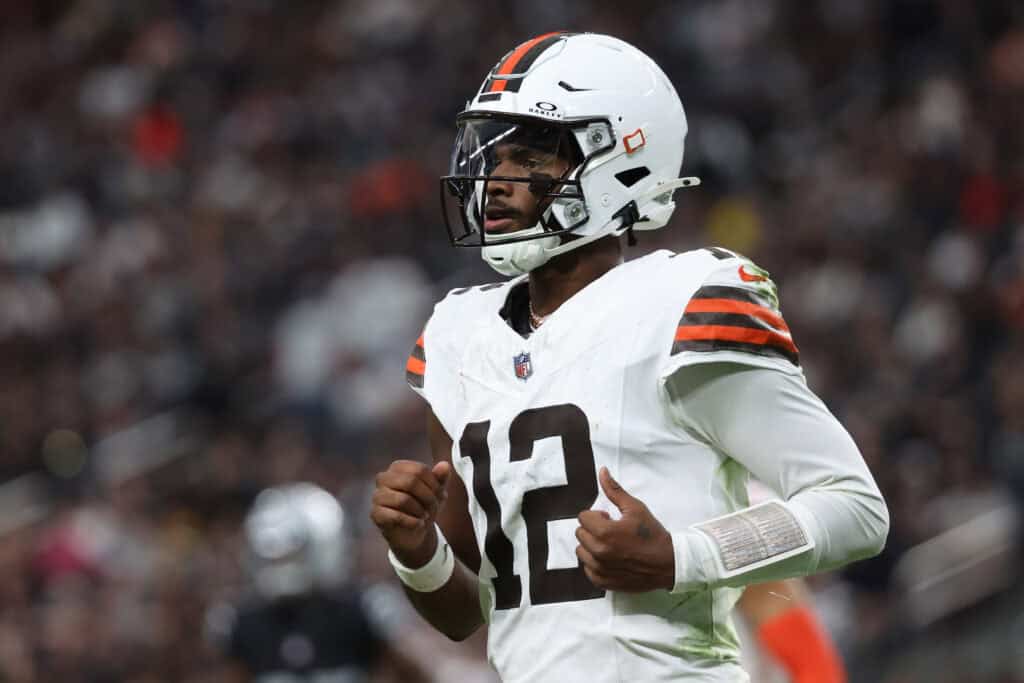 LAS VEGAS, NEVADA - NOVEMBER 23: Shedeur Sanders #12 of the Cleveland Browns walks off the field after a drive in the third quarter against the Las Vegas Raiders at Allegiant Stadium on November 23, 2025 in Las Vegas, Nevada.