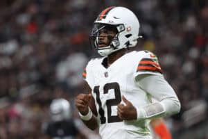 LAS VEGAS, NEVADA - NOVEMBER 23: Shedeur Sanders #12 of the Cleveland Browns walks off the field after a drive in the third quarter against the Las Vegas Raiders at Allegiant Stadium on November 23, 2025 in Las Vegas, Nevada.