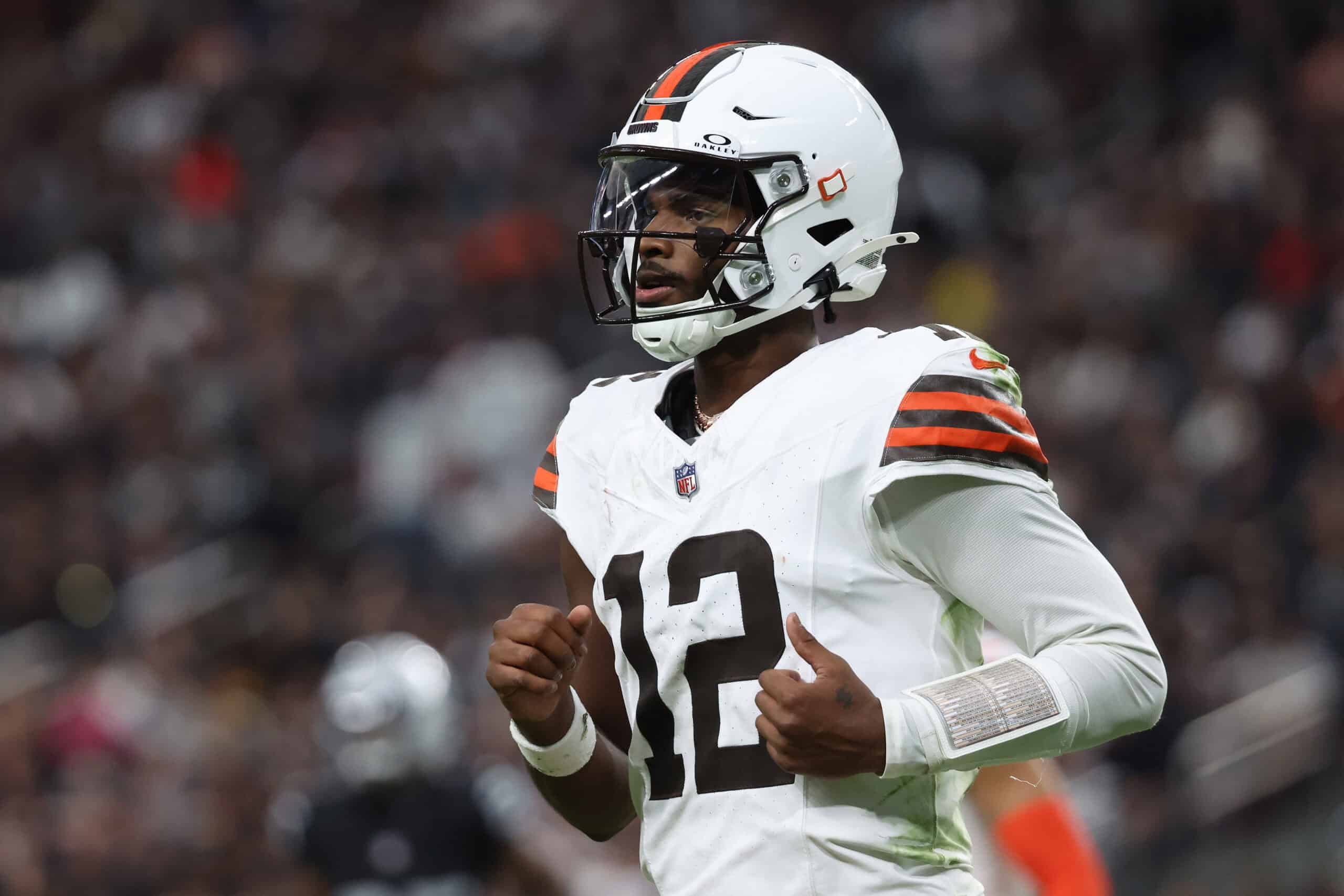 LAS VEGAS, NEVADA - NOVEMBER 23: Shedeur Sanders #12 of the Cleveland Browns walks off the field after a drive in the third quarter against the Las Vegas Raiders at Allegiant Stadium on November 23, 2025 in Las Vegas, Nevada.