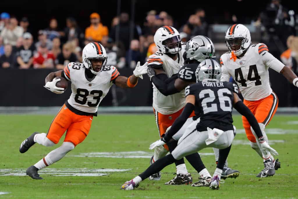 LAS VEGAS, NEVADA - NOVEMBER 23: Malachi Corley #83 of the Cleveland Browns carries the ball in the third quarter against the Las Vegas Raiders at Allegiant Stadium on November 23, 2025 in Las Vegas, Nevada.