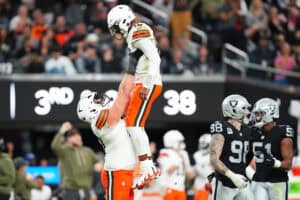 LAS VEGAS, NEVADA - NOVEMBER 23: Dylan Sampson #22 of the Cleveland Browns reacts after a touchdown in the fourth quarter against the Las Vegas Raiders at Allegiant Stadium on November 23, 2025 in Las Vegas, Nevada.