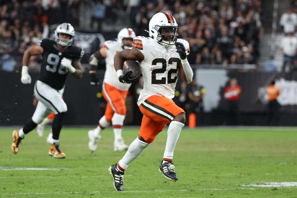 LAS VEGAS, NEVADA - NOVEMBER 23: Dylan Sampson #22 of the Cleveland Browns runs for a touchdown in the fourth quarter against the Las Vegas Raiders at Allegiant Stadium on November 23, 2025 in Las Vegas, Nevada.