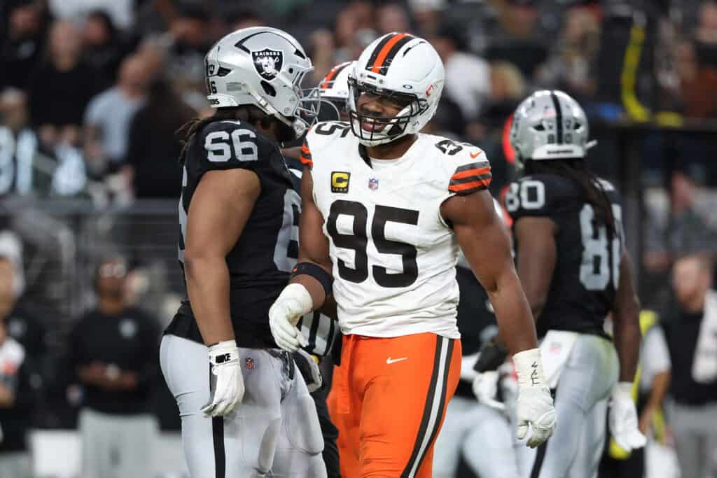 LAS VEGAS, NEVADA - NOVEMBER 23: Myles Garrett #95 of the Cleveland Browns reacts after a sack in the fourth quarter against the Las Vegas Raiders at Allegiant Stadium on November 23, 2025 in Las Vegas, Nevada.