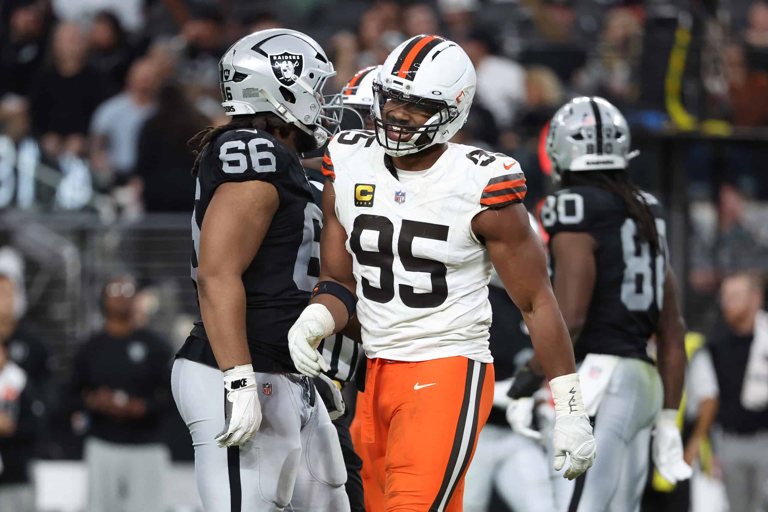 LAS VEGAS, NEVADA - NOVEMBER 23: Myles Garrett #95 of the Cleveland Browns reacts after a sack in the fourth quarter against the Las Vegas Raiders at Allegiant Stadium on November 23, 2025 in Las Vegas, Nevada.