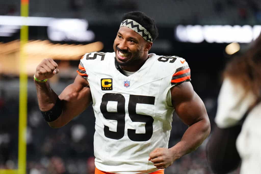 LAS VEGAS, NEVADA - NOVEMBER 23: Myles Garrett #95 of the Cleveland Browns walks off the field after beating the Las Vegas Raiders 24-10 in the game at Allegiant Stadium on November 23, 2025 in Las Vegas, Nevada.