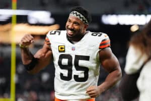 LAS VEGAS, NEVADA - NOVEMBER 23: Myles Garrett #95 of the Cleveland Browns walks off the field after beating the Las Vegas Raiders 24-10 in the game at Allegiant Stadium on November 23, 2025 in Las Vegas, Nevada.