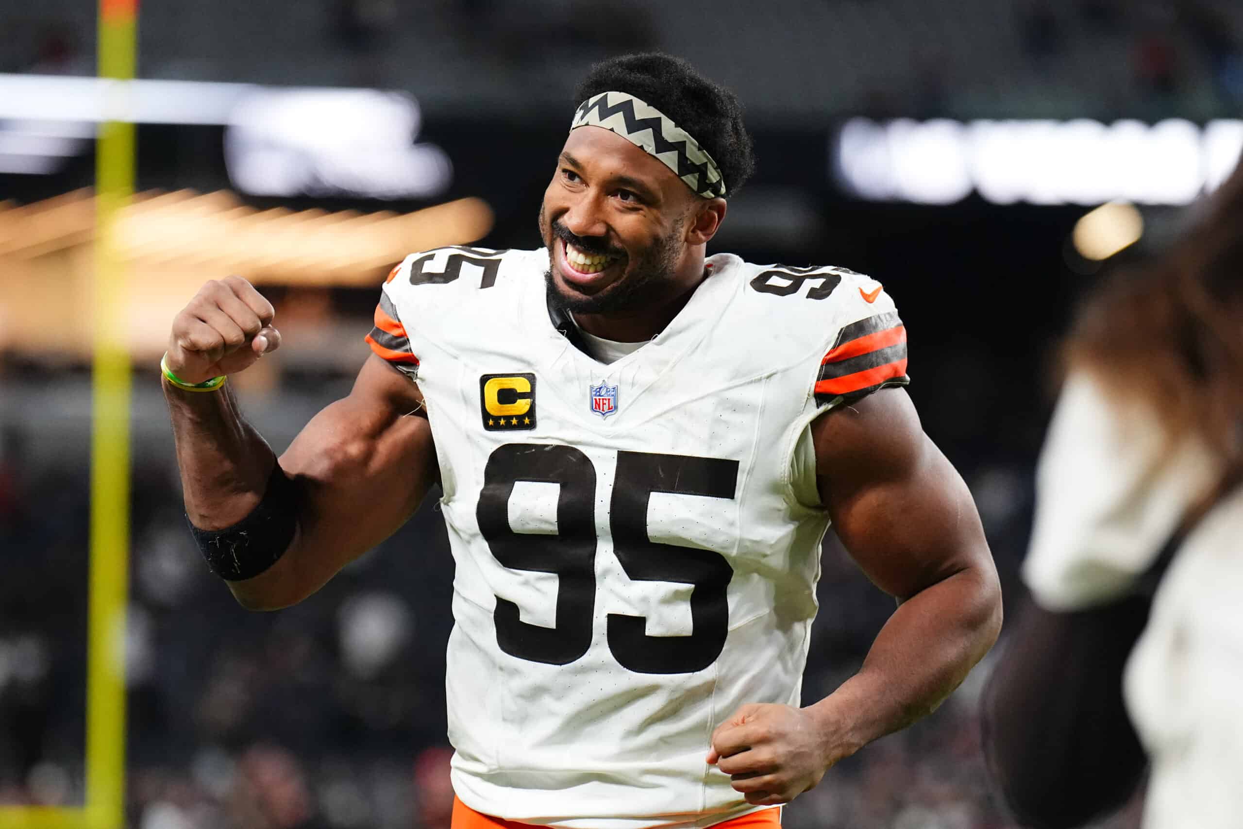 LAS VEGAS, NEVADA - NOVEMBER 23: Myles Garrett #95 of the Cleveland Browns walks off the field after beating the Las Vegas Raiders 24-10 in the game at Allegiant Stadium on November 23, 2025 in Las Vegas, Nevada.