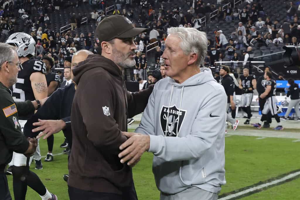 LAS VEGAS, NEVADA - NOVEMBER 23: Head coach Kevin Stefanski of the Cleveland Browns and head coach Pete Carroll of the Las Vegas Raiders greet after the game at Allegiant Stadium on November 23, 2025 in Las Vegas, Nevada. The Browns won 24-10.