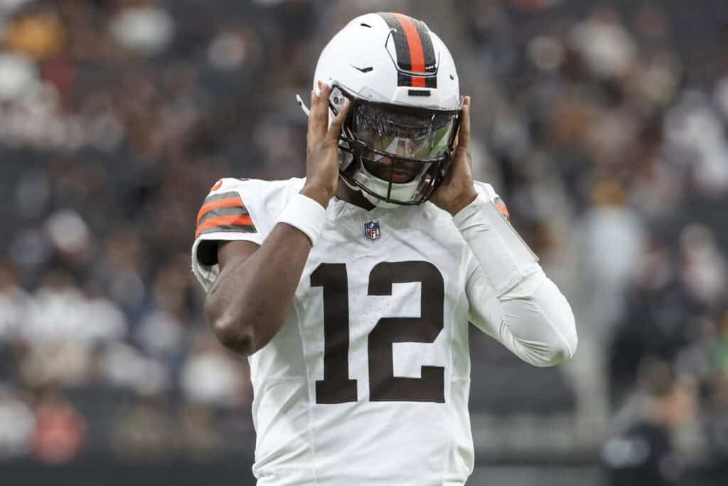 LAS VEGAS, NEVADA - NOVEMBER 23: Shedeur Sanders #12 of the Cleveland Browns looks on before a game against the Las Vegas Raiders at Allegiant Stadium on November 23, 2025 in Las Vegas, Nevada.