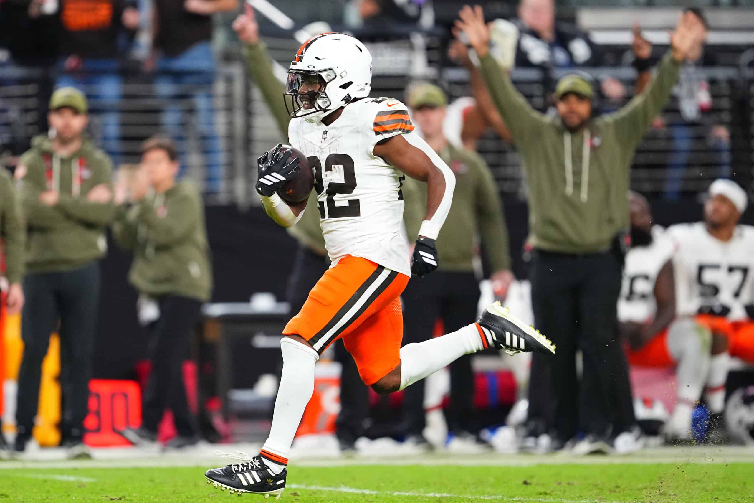 LAS VEGAS, NEVADA - NOVEMBER 23: Dylan Sampson #22 of the Cleveland Browns scores a touchdown in the game against the Las Vegas Raiders at Allegiant Stadium on November 23, 2025 in Las Vegas, Nevada.