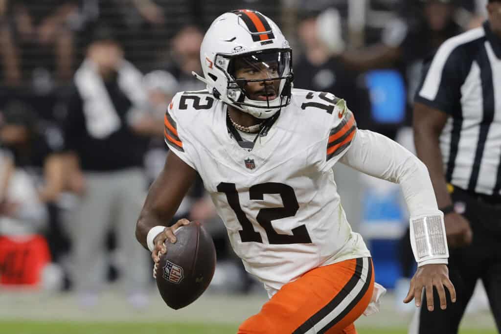 LAS VEGAS, NEVADA - NOVEMBER 23: Shedeur Sanders #12 of the Cleveland Browns looks to pass in the game against the Las Vegas Raiders at Allegiant Stadium on November 23, 2025 in Las Vegas, Nevada.