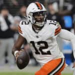 LAS VEGAS, NEVADA - NOVEMBER 23: Shedeur Sanders #12 of the Cleveland Browns looks to pass in the game against the Las Vegas Raiders at Allegiant Stadium on November 23, 2025 in Las Vegas, Nevada.