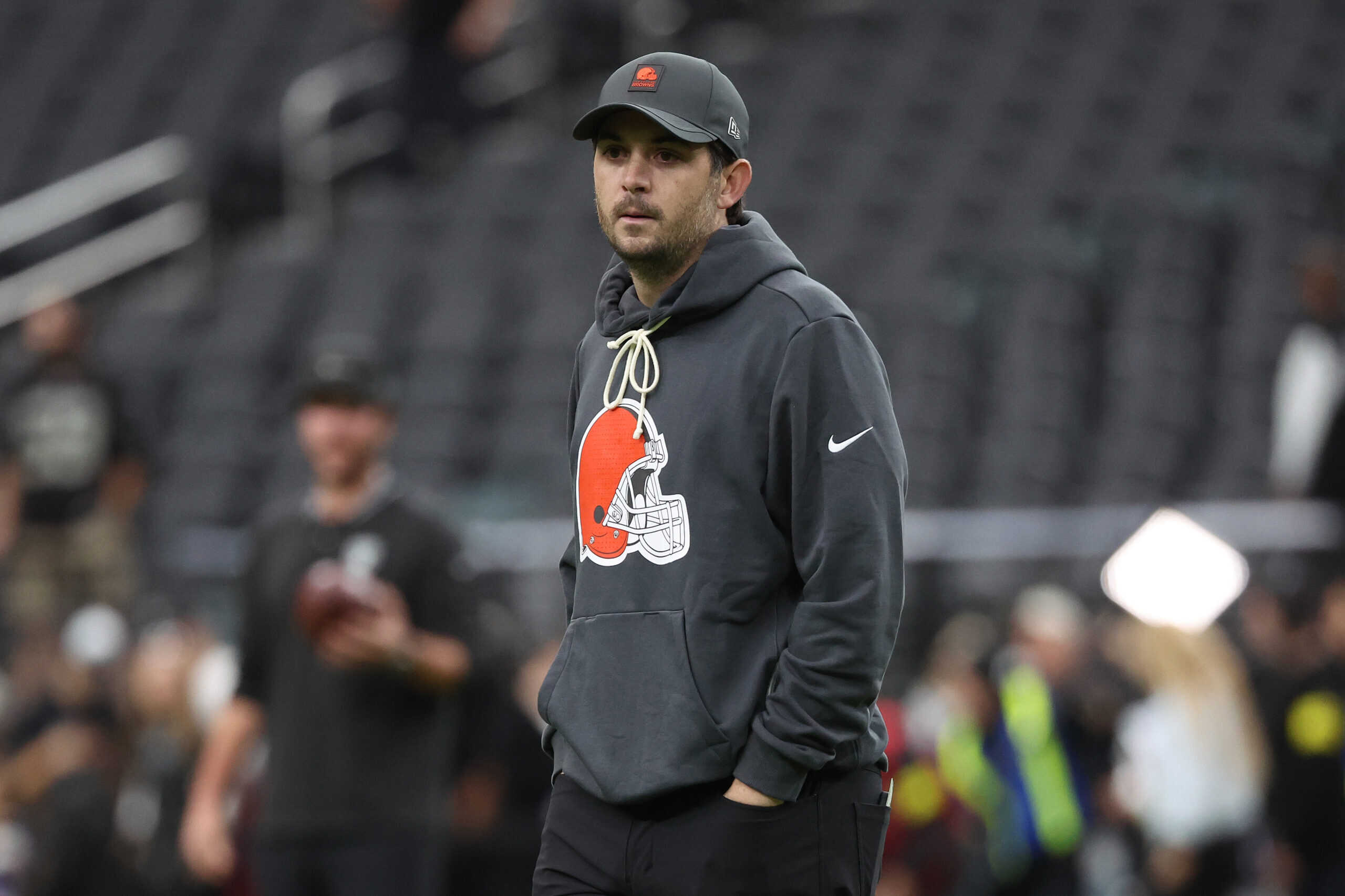 LAS VEGAS, NEVADA - NOVEMBER 23: Offensive Coordinator Tommy Rees of the Cleveland Browns looks on before the game against the Las Vegas Raiders at Allegiant Stadium on November 23, 2025 in Las Vegas, Nevada