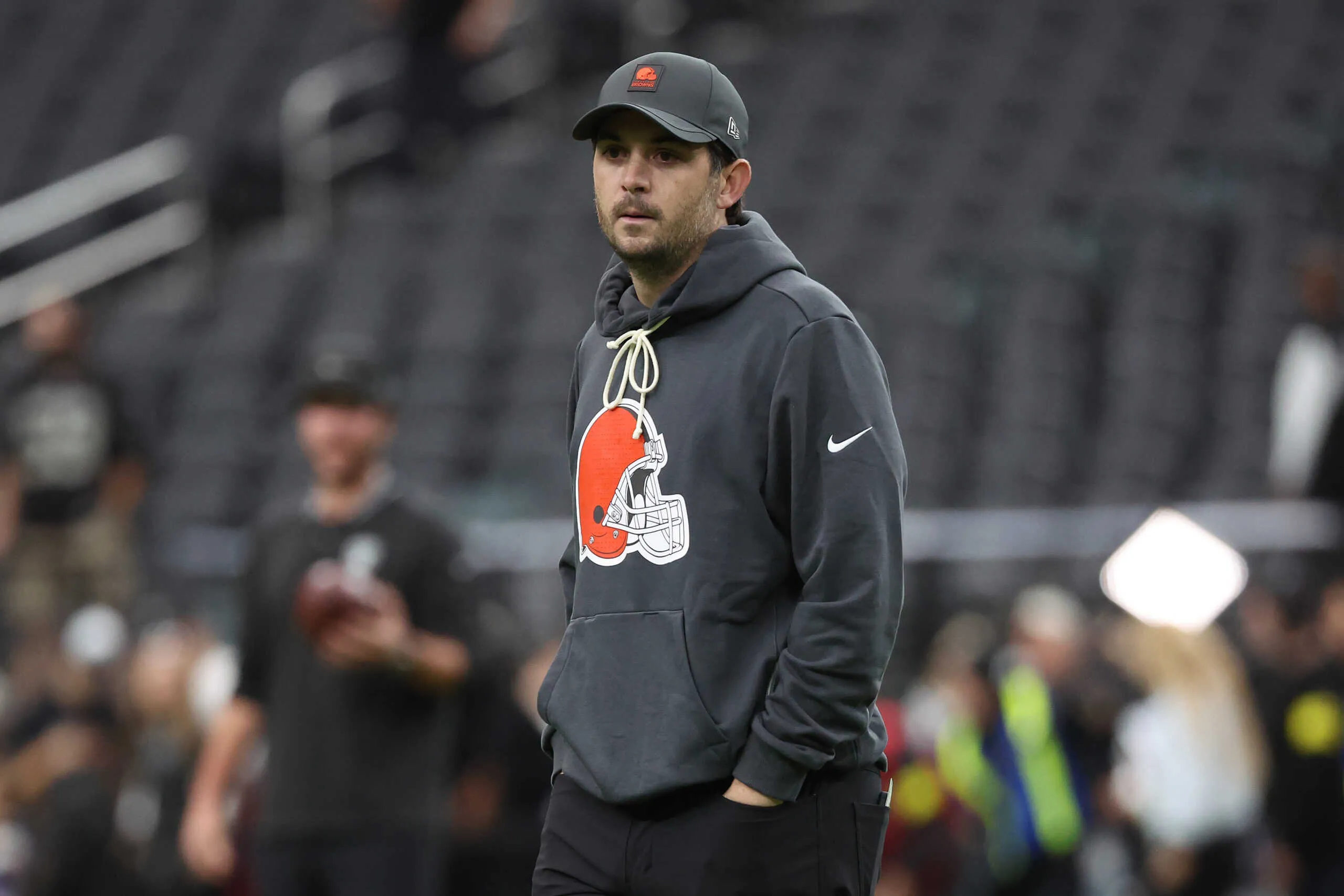 LAS VEGAS, NEVADA - NOVEMBER 23: Offensive Coordinator Tommy Rees of the Cleveland Browns looks on before the game against the Las Vegas Raiders at Allegiant Stadium on November 23, 2025 in Las Vegas, Nevada