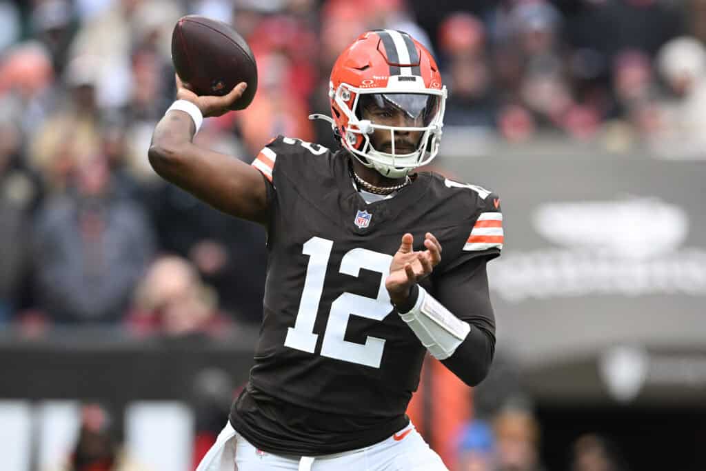 CLEVELAND, OHIO - NOVEMBER 30: Shedeur Sanders #12 of the Cleveland Browns passes the ball against the San Francisco 49ers during the first quarter at Huntington Bank Field on November 30, 2025 in Cleveland, Ohio.